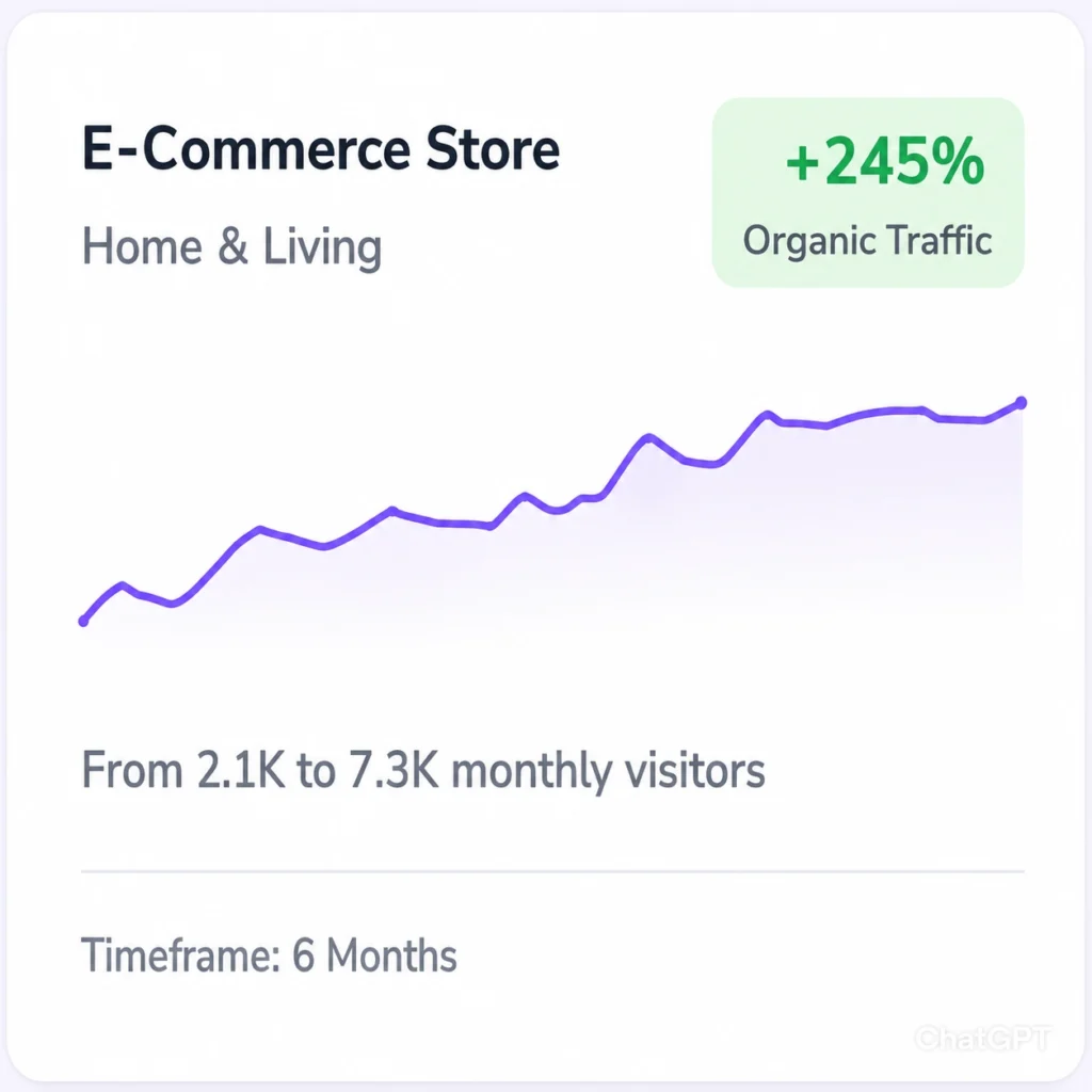 A clean analytics card showcasing impressive organic traffic growth for a Home & Living e-commerce store.