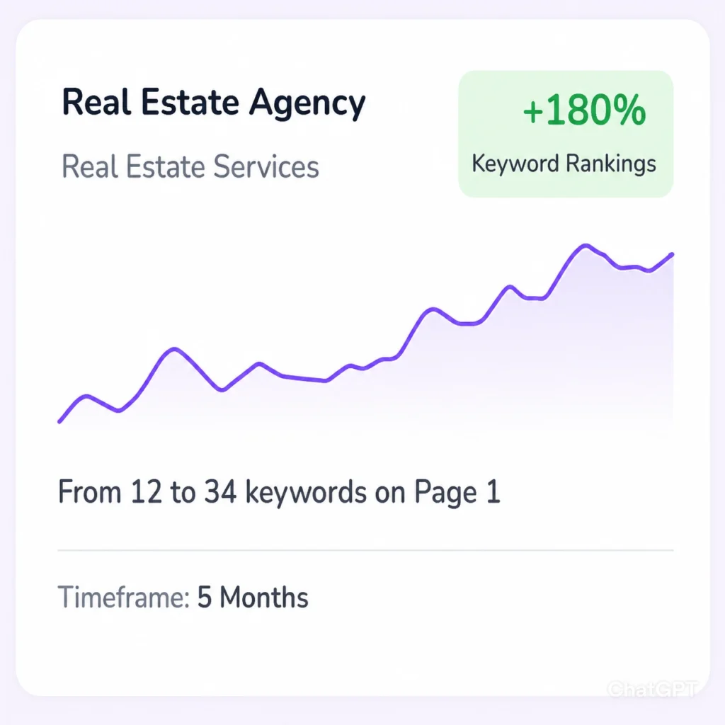 Real estate agency SEO growth dashboard showing +180% keyword rankings increase, upward trend graph, and growth from 12 to 34 page-one keywords over 5 months.