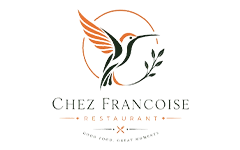 Chez Francoise Restaurant logo featuring a stylized hummingbird in green and orange with outstretched wings, encircled by a thin orange ring and accompanied by a small leafy branch. Below the illustration, the name ‘CHEZ FRANCOISE’ appears in elegant dark green serif lettering, with ‘RESTAURANT’ in spaced orange uppercase text beneath it. At the bottom, the tagline reads ‘Good food, great moments’ with a small crossed fork and knife icon, all set on a light neutral background.