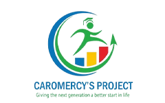 Caromercy’s Project logo featuring a stylized green human figure in motion reaching upward, encircled by a blue and green swoosh forming a partial globe shape. Below the figure is a bar chart in blue, yellow, and red with an upward arrow, symbolizing growth. The text ‘CAROMERCY’S PROJECT’ appears in bold blue uppercase letters, with the tagline ‘Giving the next generation a better start in life’ in smaller green text underneath on a white background